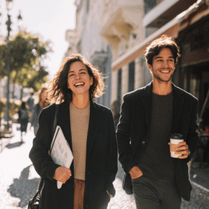 Pareja feliz dejando de Vivir al día con su plan de ahorro PPR en la mano