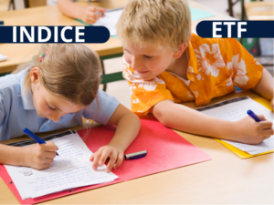 Estudiantes escribiendo en clase.-ETF INDICE escrito arriba de cada uno