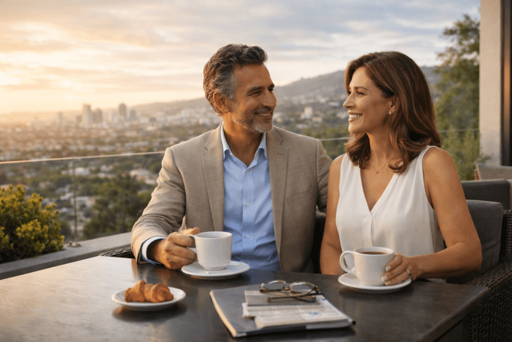 Pareja disfrutando tranquilidad financiera tras gestionar su capital en una inversión líquida