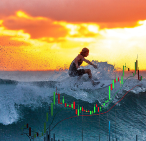 Surfista sobre olas y gráficos financieros